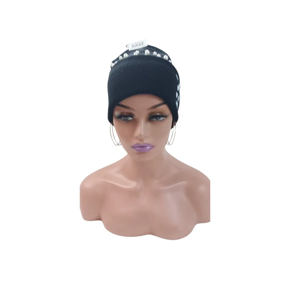 Black‎ Knit Cuffed Beanie with Faux Pearl and Flower Accents Headpiece